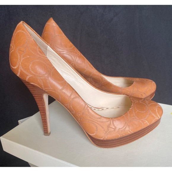 size 7.5 heels Coach C logo A3074 Basil veg leather whiskey platform high cognac - Picture 3 of 10